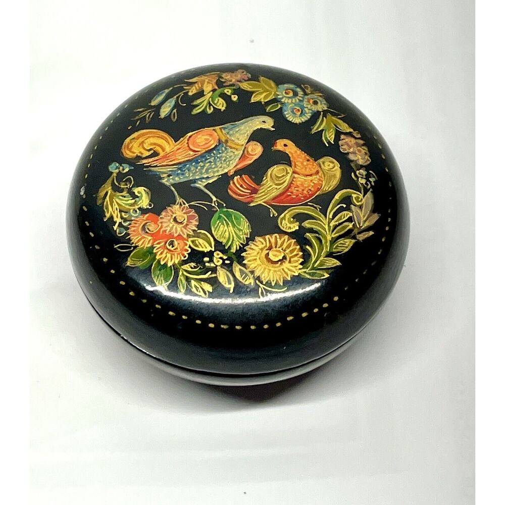 Vintage Russian Lacquer Box Peacock Design - 2" Round
